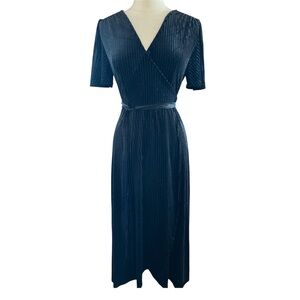 Simple Black Velvet Ribbed Wrap High low Tie Dress w/short sleeves size Medium